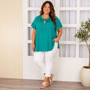 Alfani Womens 2X Teal Green Textured Tie Neck Flutter Sleeve Blouse Top
